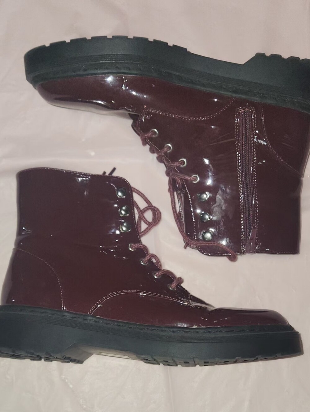 Forever 21 Burgundy Glossy Patent Combat Boots With Lace Up Side Zip Size 8